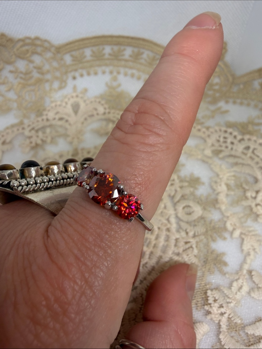 Red Moissanite 2 CTW Three Stone S925 Ring Sz 8 Dark Romantic GRA Certified